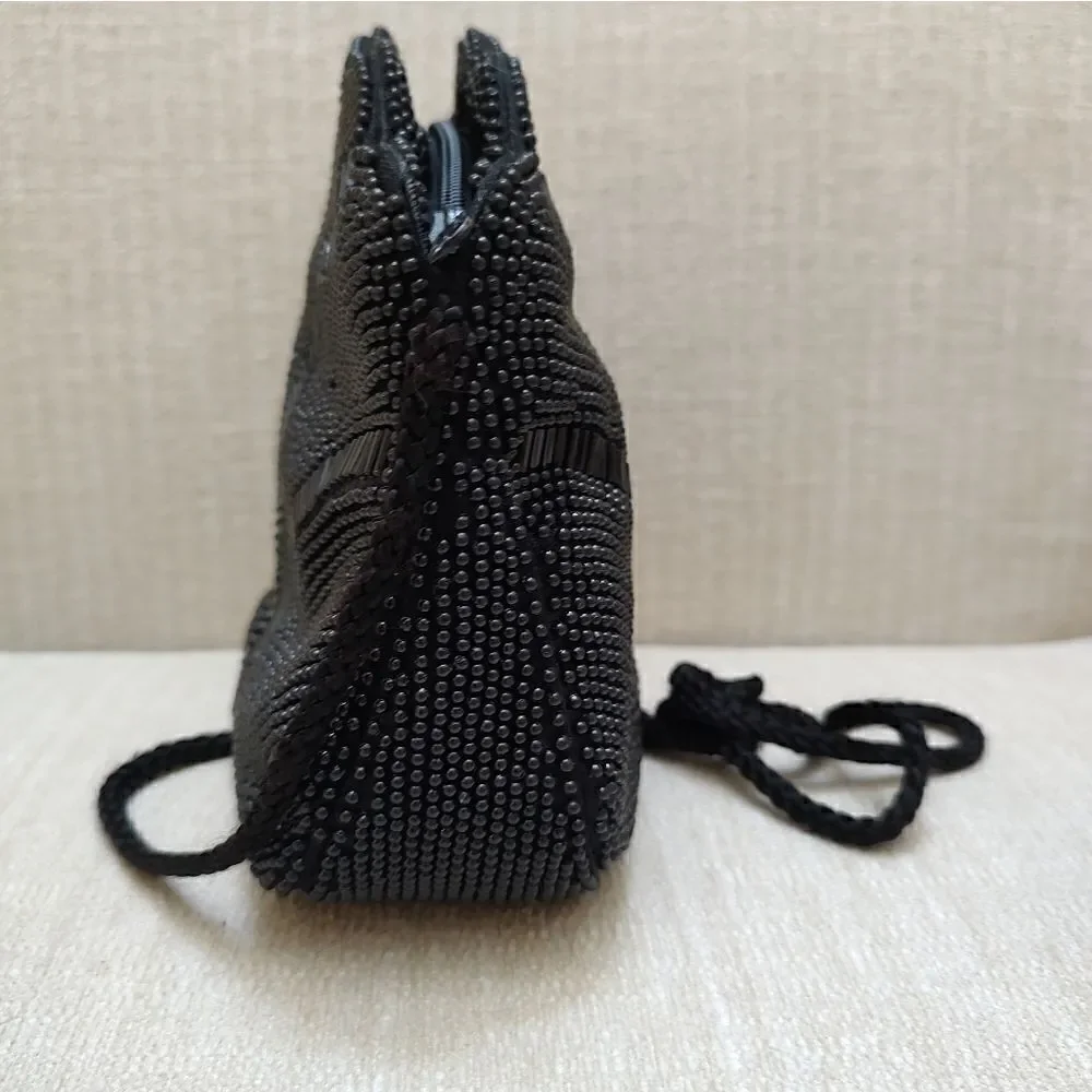 Scalloped Black Beaded Evening Shoulder Bag Formal Special Occasion